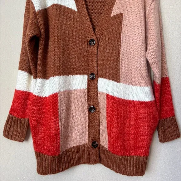 Lush Cozy Wool Blend Oversized Grandpa Colorblock Cardigan Sweater - Picture 5 of 12